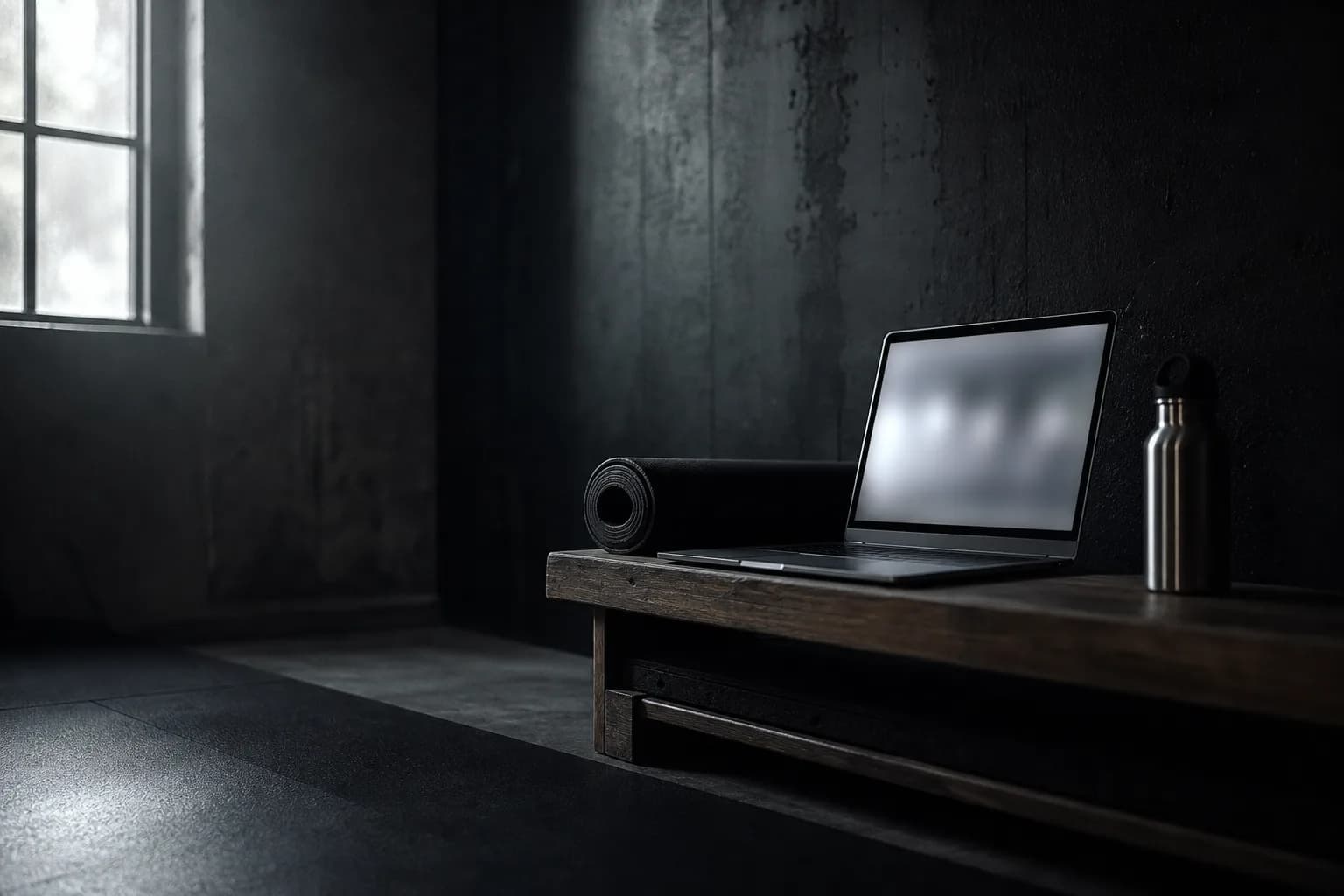 A laptop set up beside a rolled training mat in a home training space